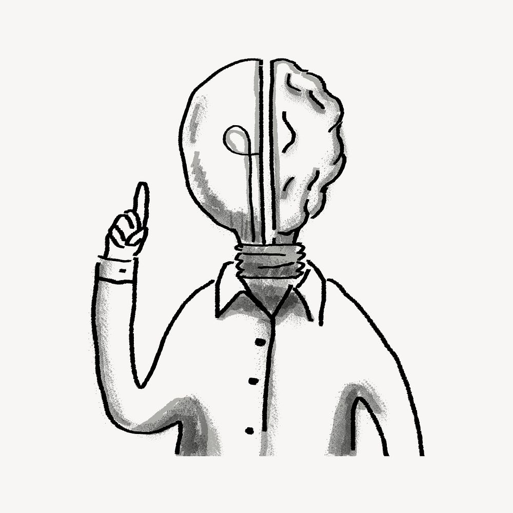 Light bulb head man, creative ideas doodle psd