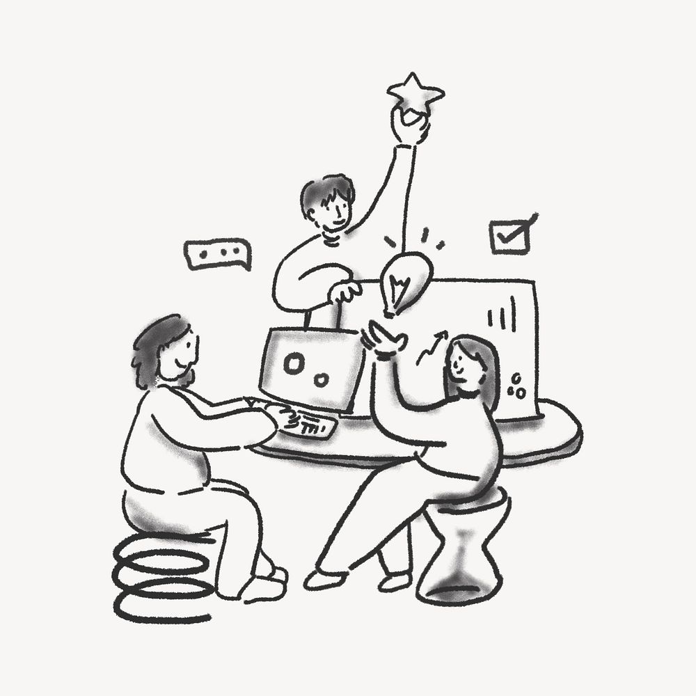 Colleagues brainstorming ideas, teamwork characters doodle