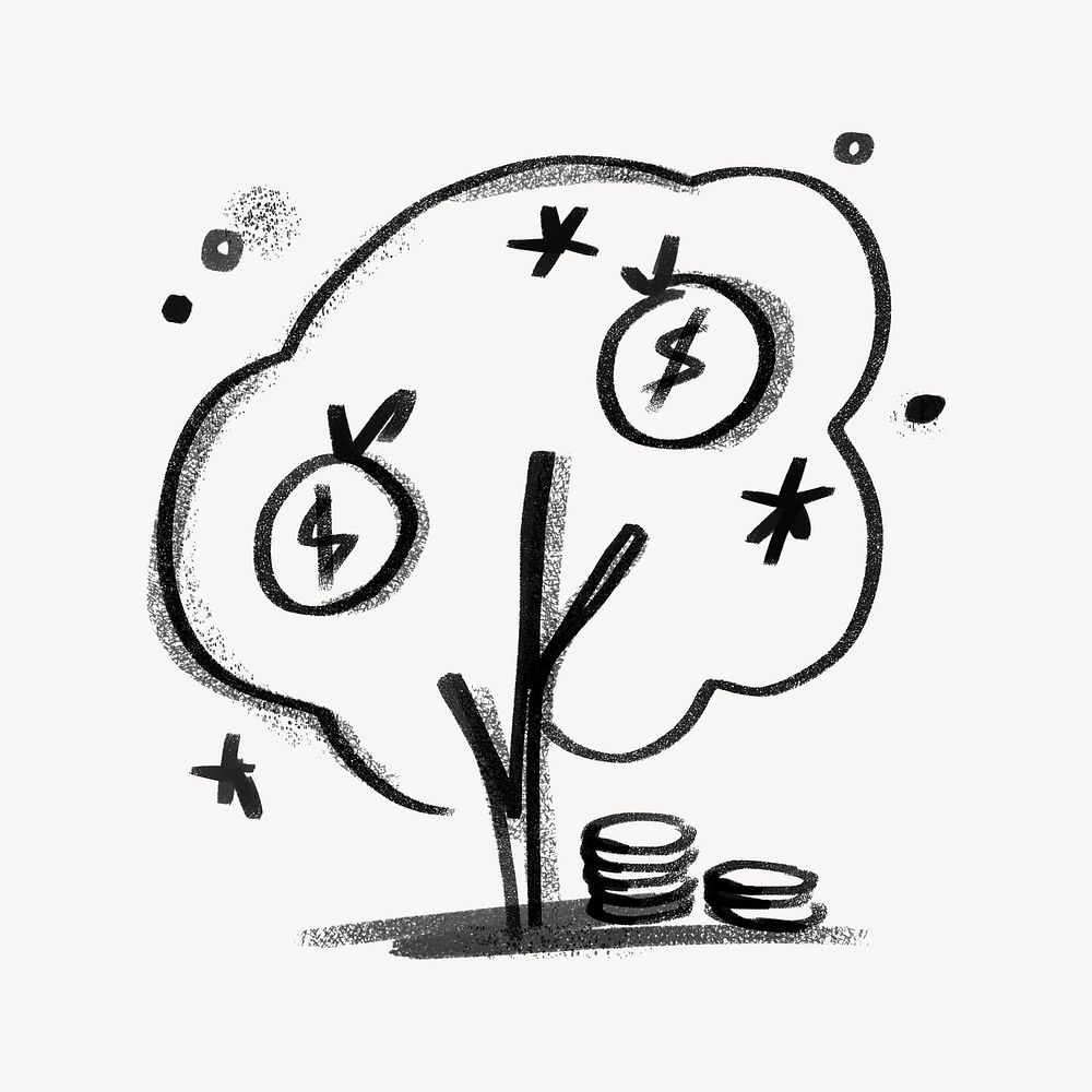 Tree growing money, finance doodle