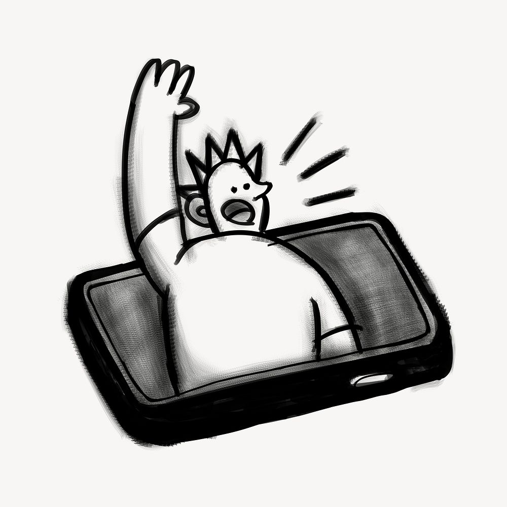 Man raising hand on phone screen doodle psd