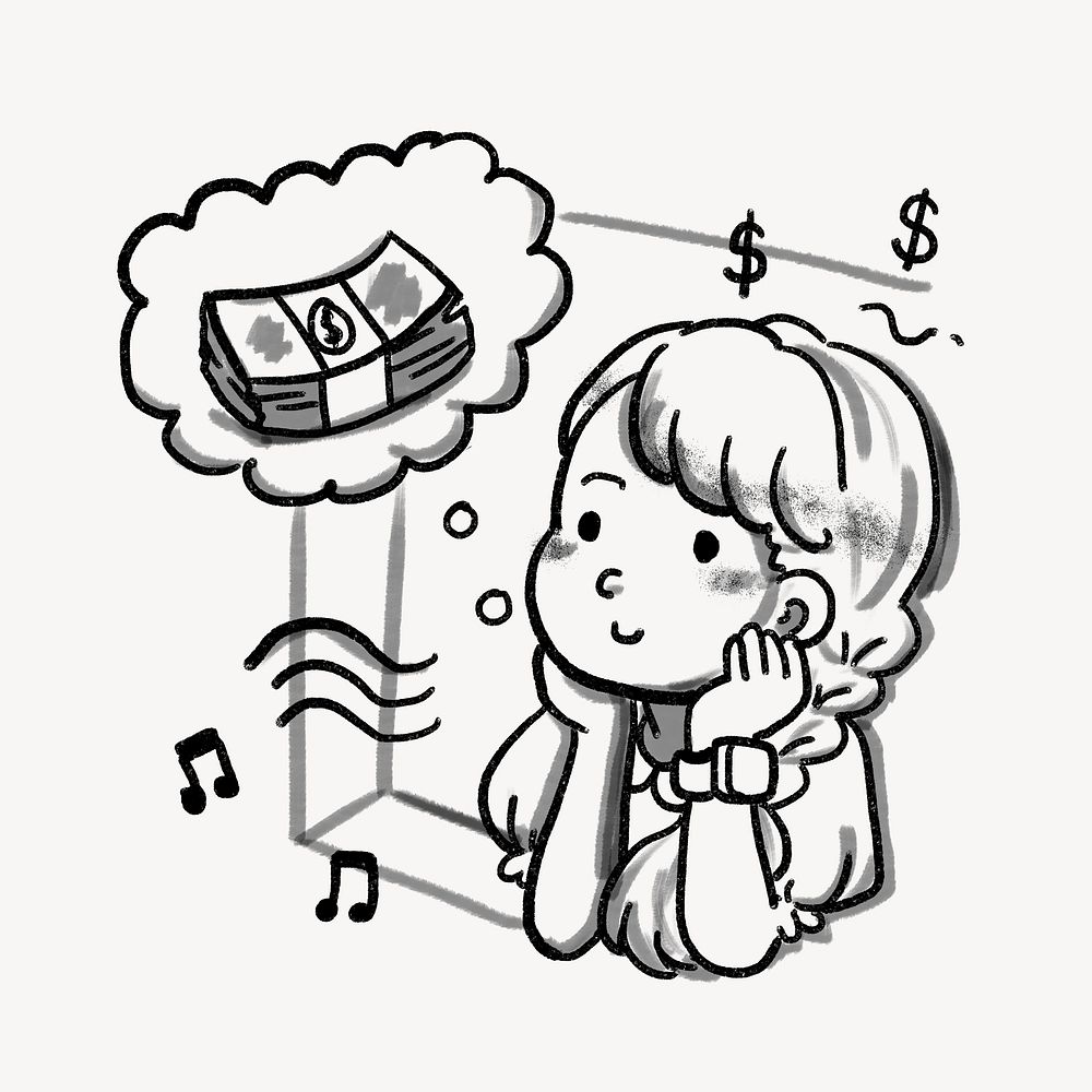Woman daydreaming about money, character doodle