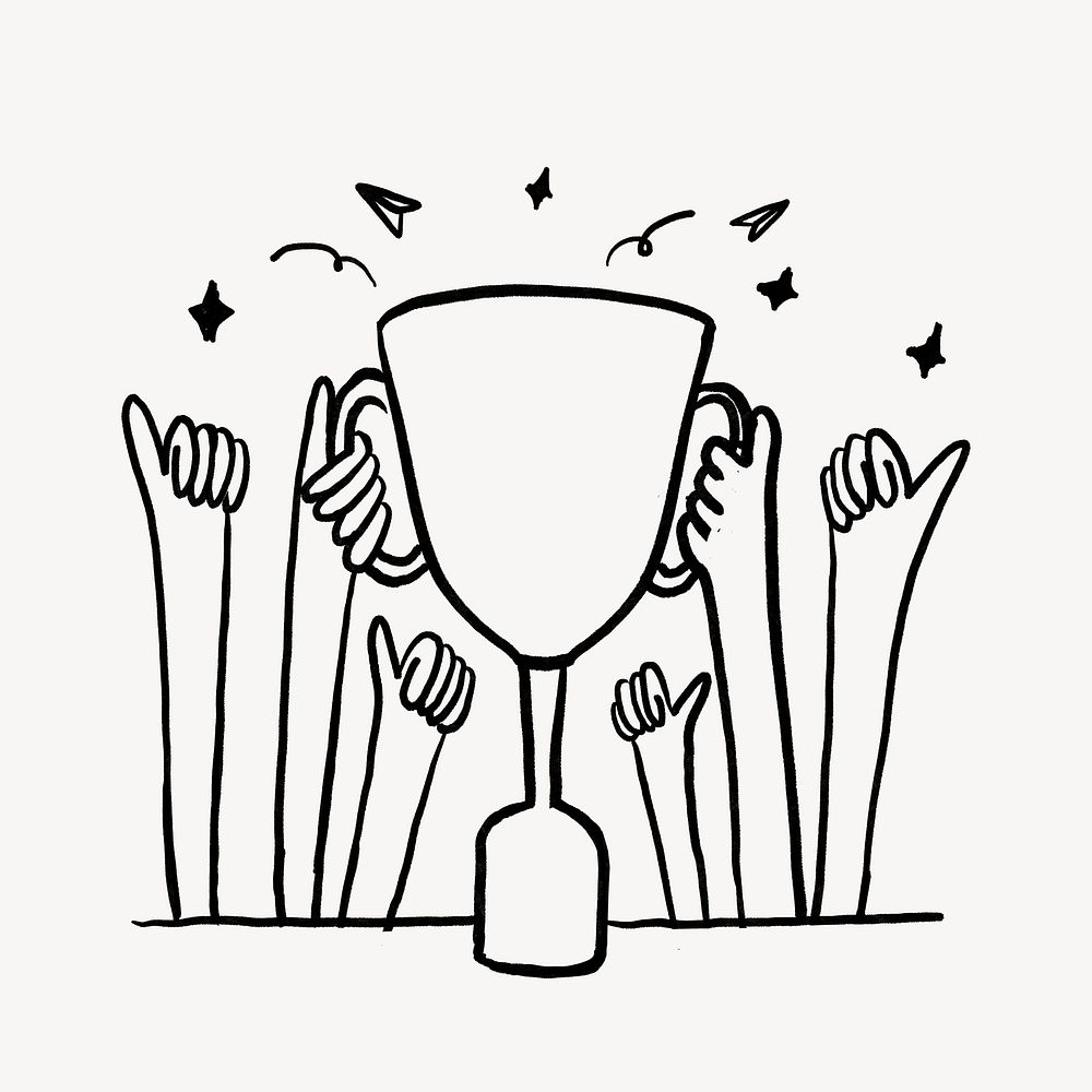 Hands holding trophy, teamwork success doodle psd