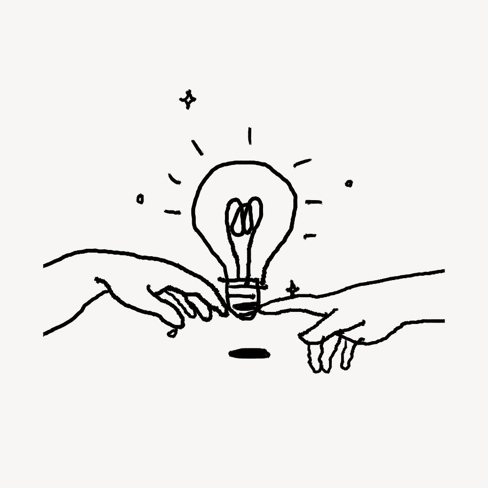 Fingers touching light bulb, innovative ideas doodle