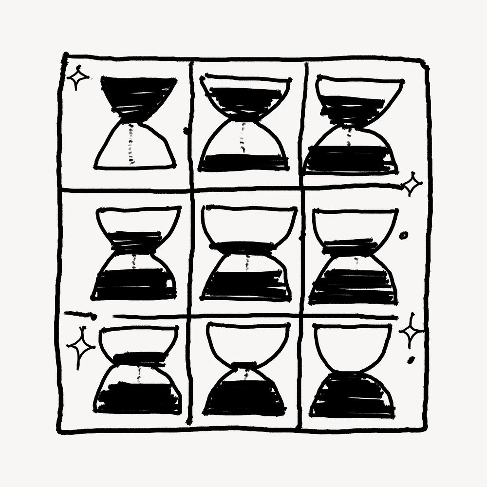 Hourglass table, time management doodle psd