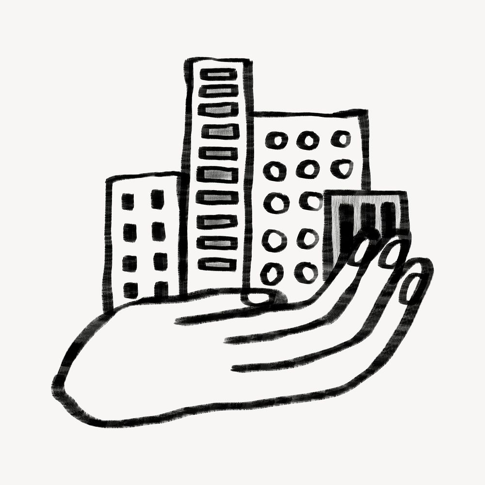 Hand presenting office buildings  doodle psd