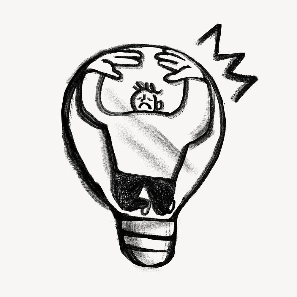 Creative block, man stuck in light bulb doodle psd
