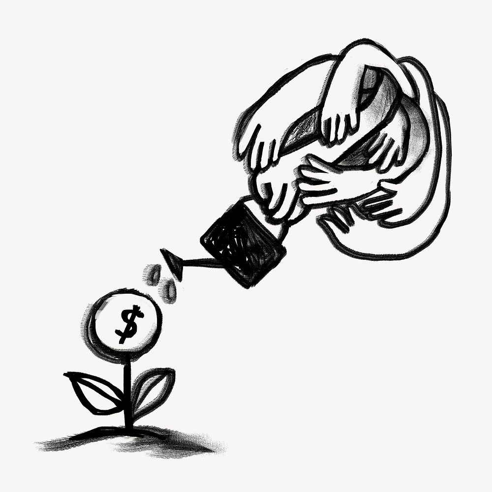 Hands watering money plant, business doodle psd