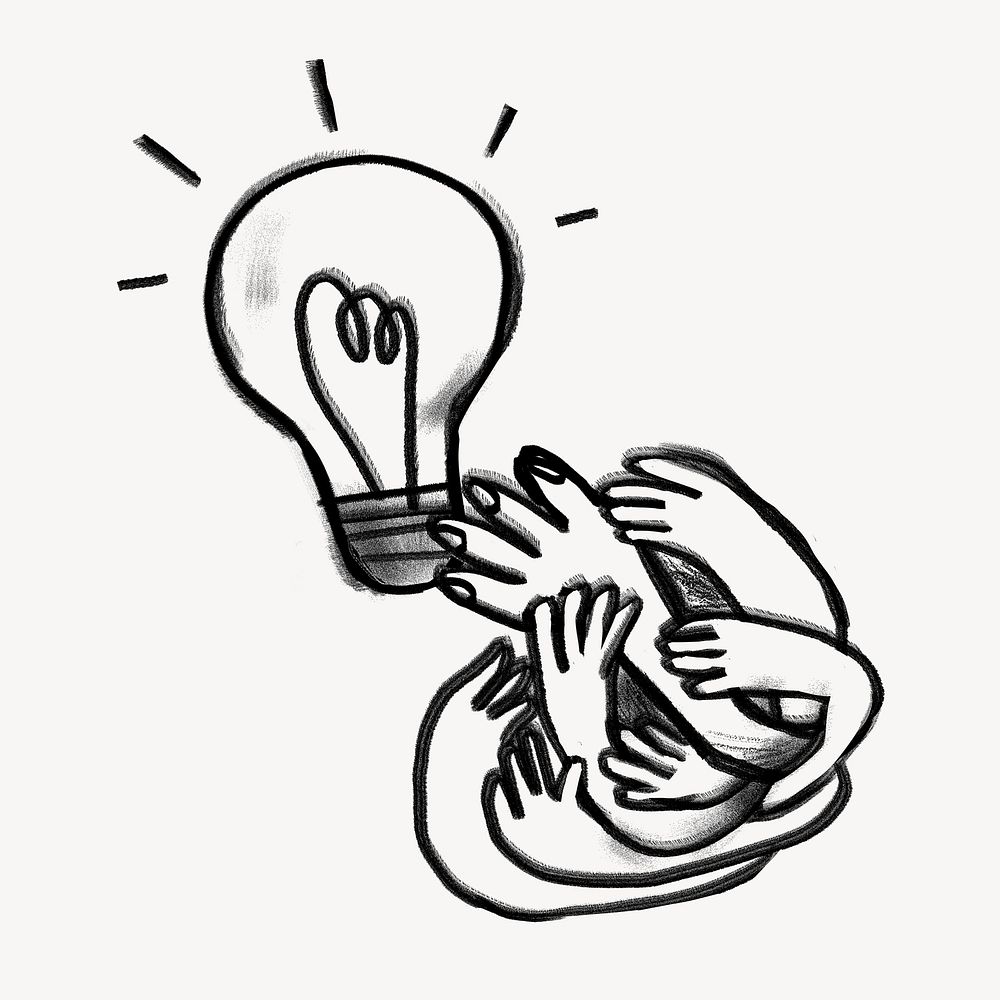 Hands reaching for light bulb, creative ideas doodle