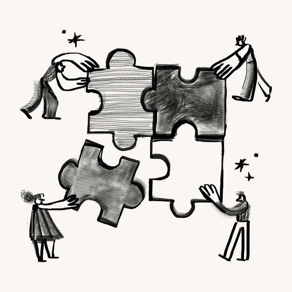 People solving puzzle, teamwork doodle psd
