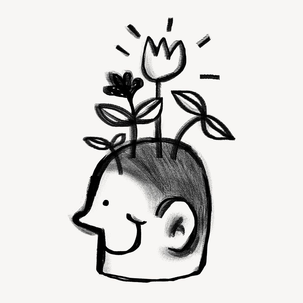 Head growing flowers, self-growth doodle