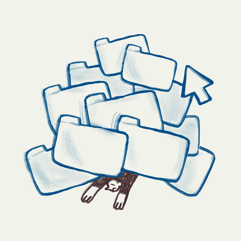 Work overload doodle, man buried in folders