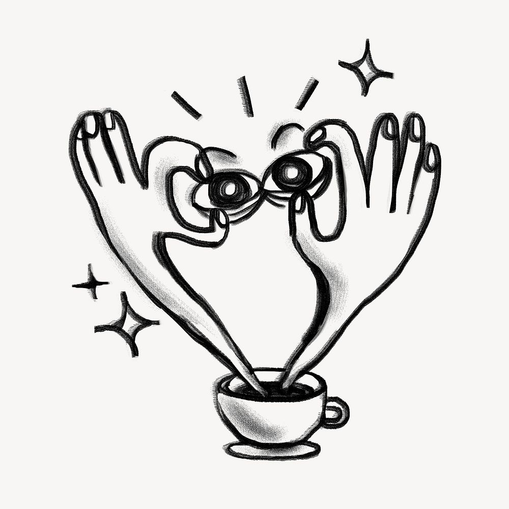Coffee addict doodle, hand holding eyes