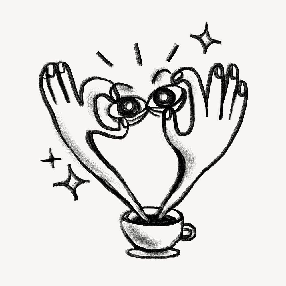 Coffee addict doodle, hand holding eyes psd
