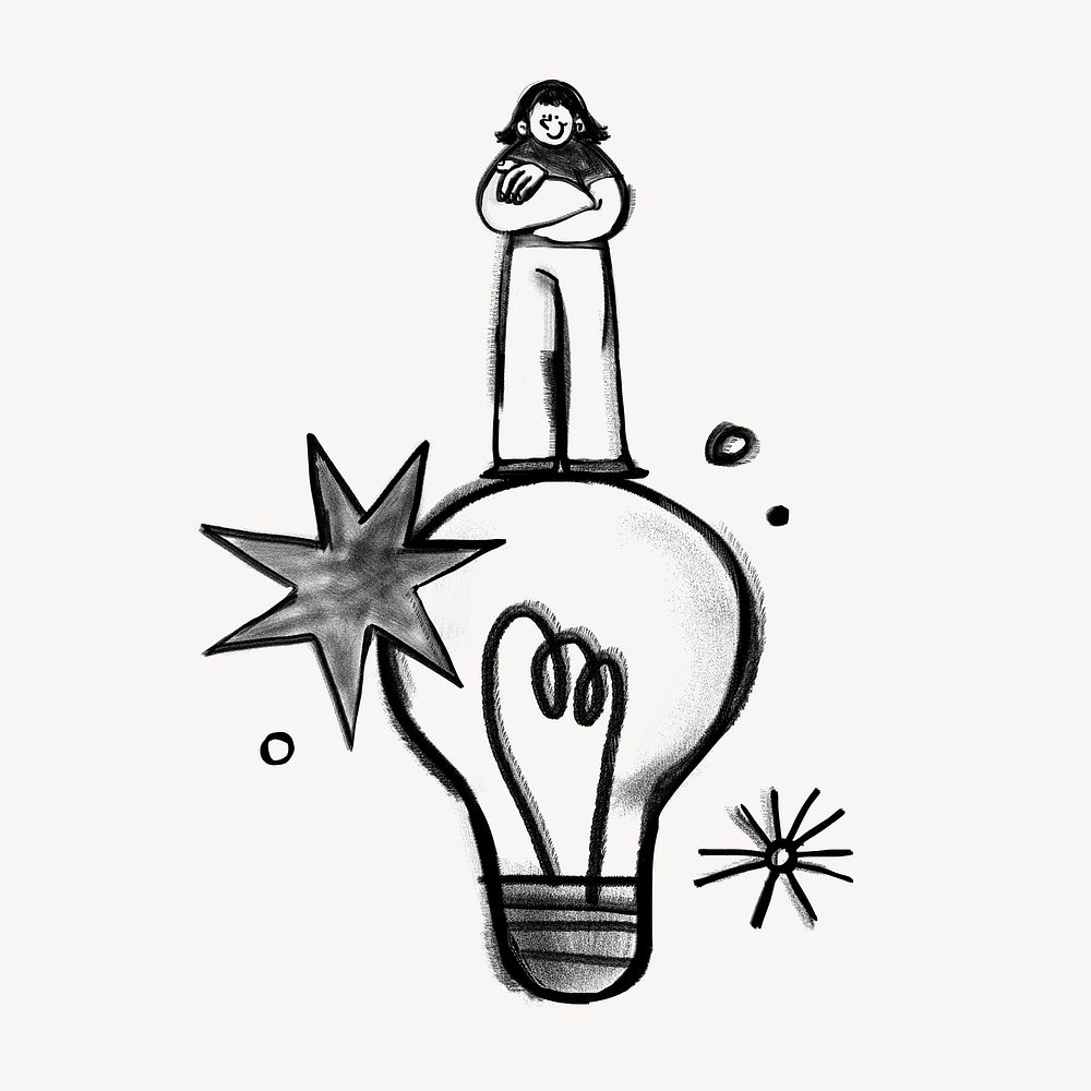 Woman standing on light bulb, creative ideas doodle