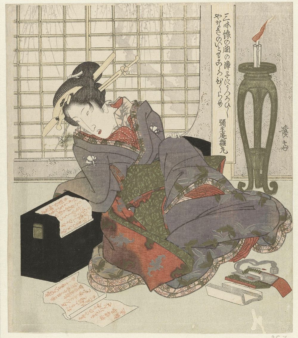 Een geisha leunt op de doos van haar shamisen (1825-1829) print in high resolution by Keisai Eisen. Original from The…