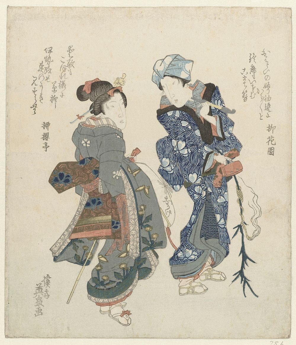 Twee vrouwen op pelgrimstocht (1825-1829) print in high resolution by Keisai Eisen. Original from The Rijksmuseum. 