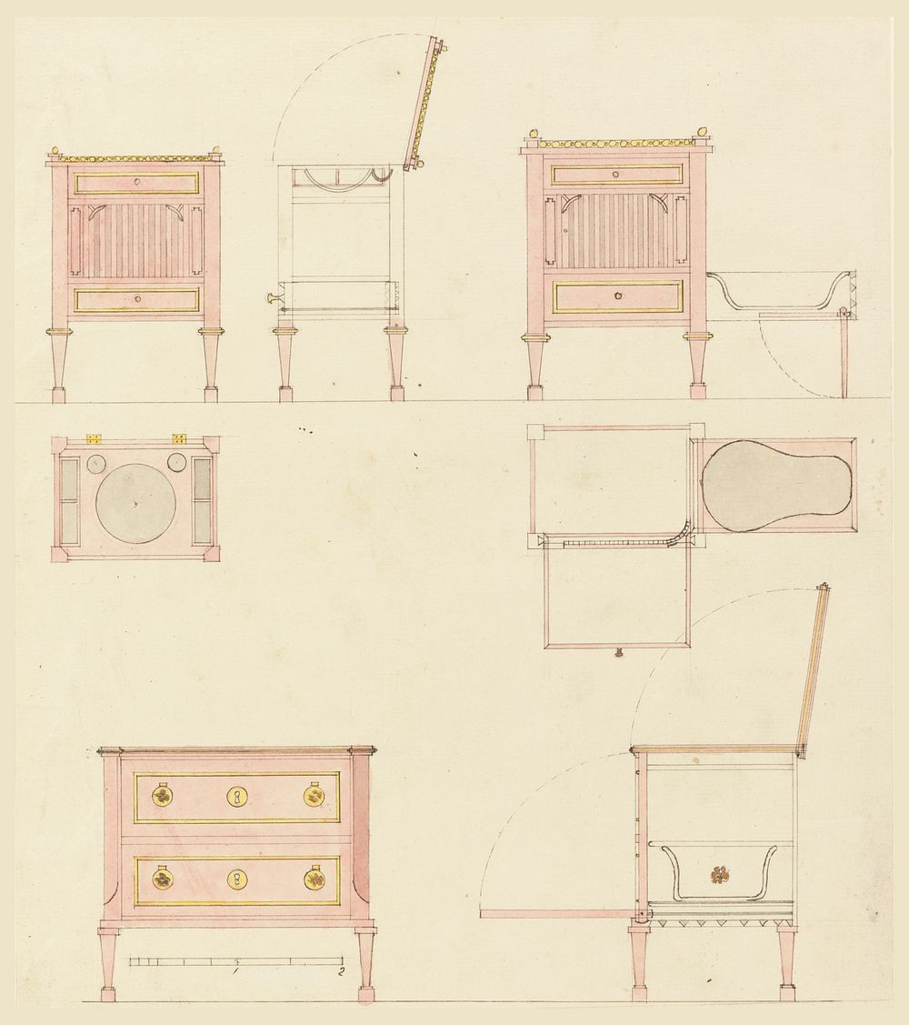 Designs for Mechanical Furniture: Three Washstands with Three Bidets