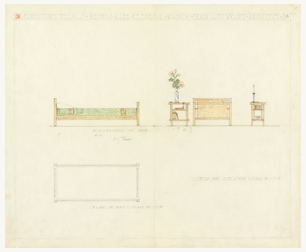 Bed and Side Stand, Henry J. Allen Residence, Wichita, Kansas