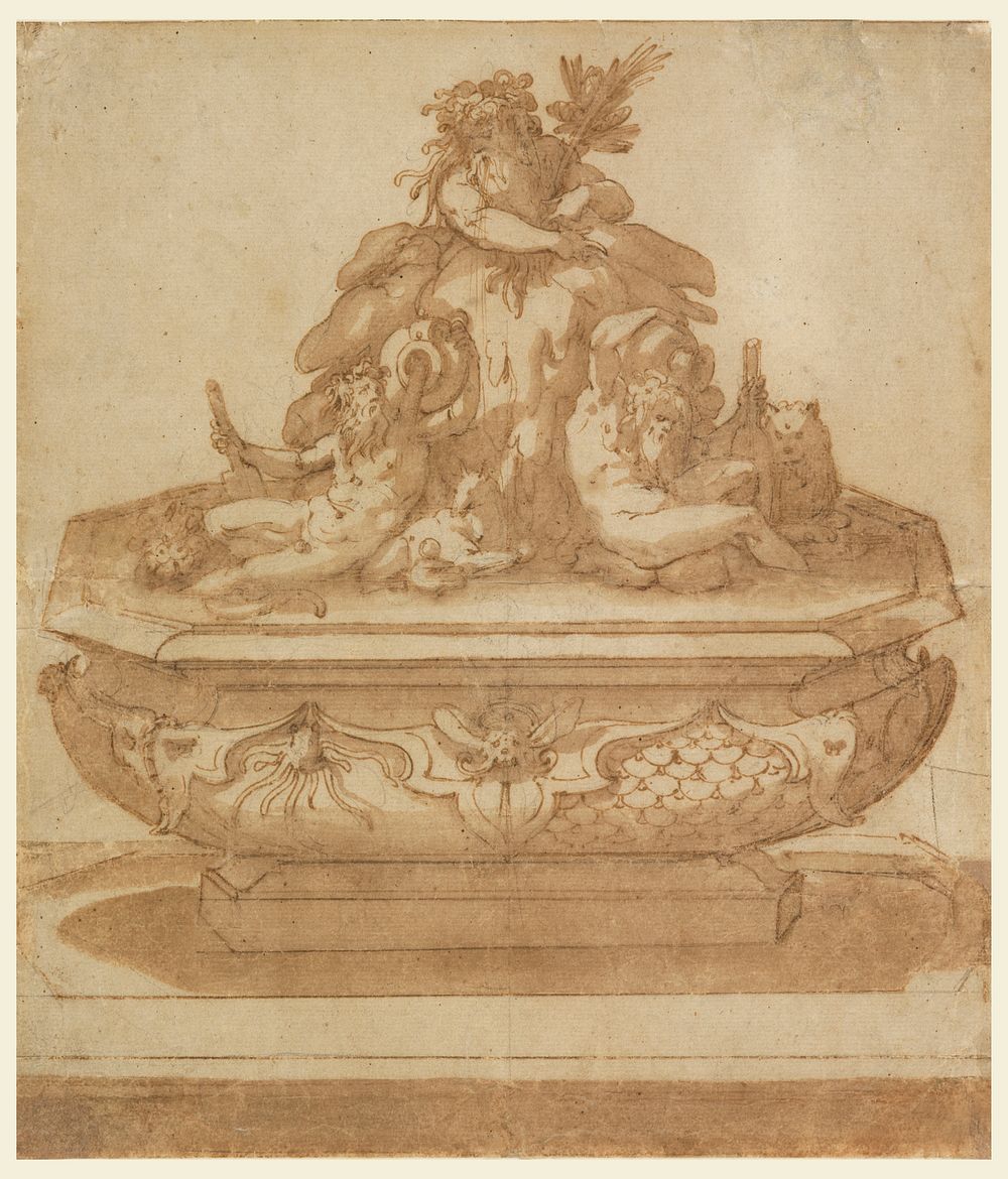 Recto: Fountain Design with Oceanus and the River Gods Arno and Tiber