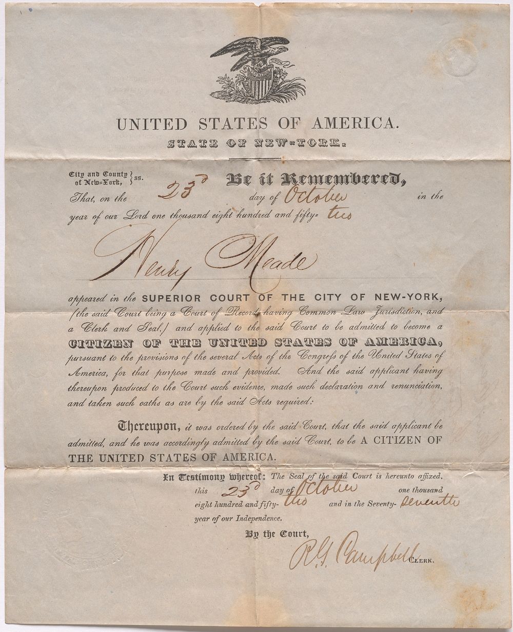 Naturalization papers for Henry Richard Meade