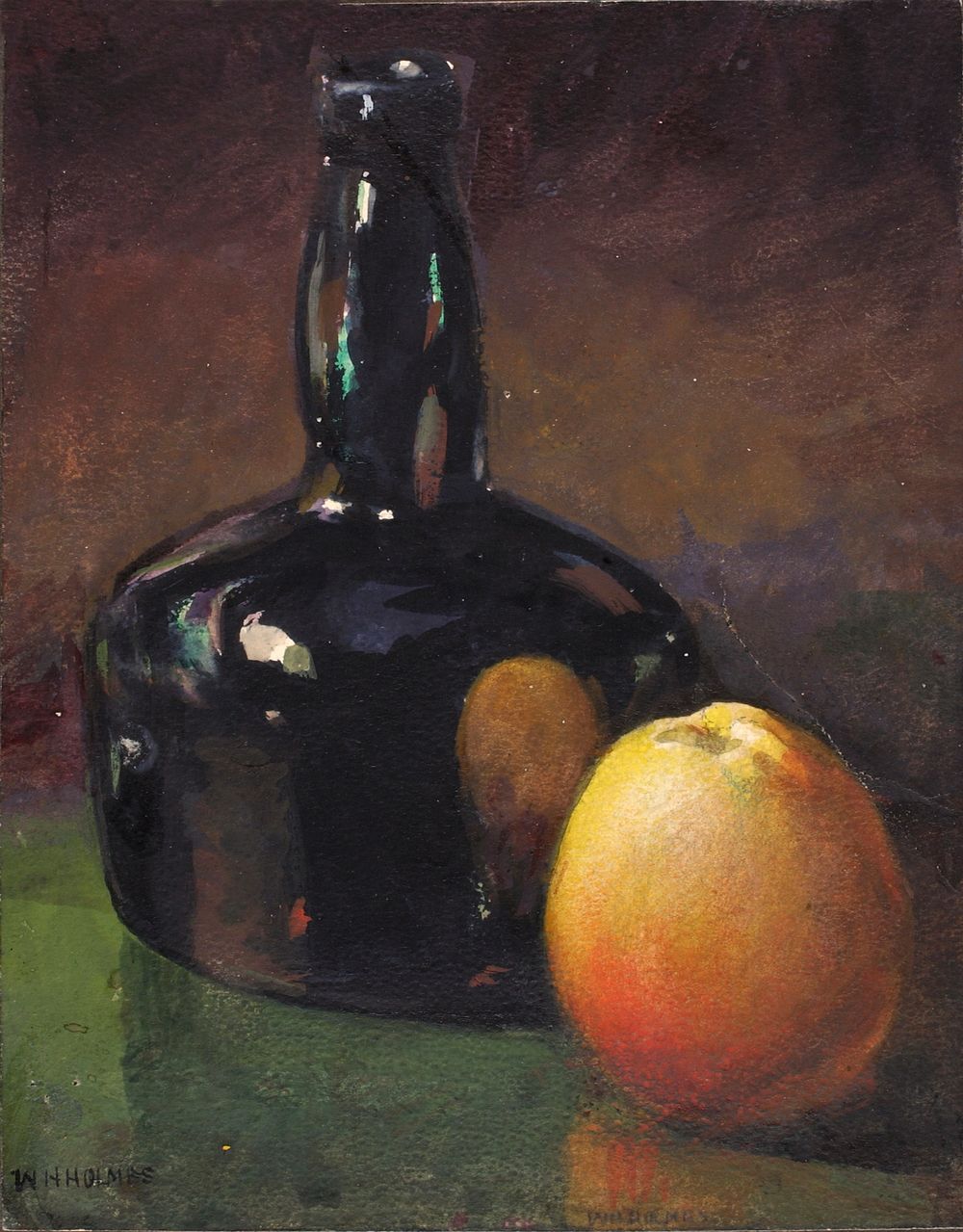 Still Life--Apples and Bottle by William Henry Holmes, born Cadiz, OH 1846-died Royal Oak, MI 1933
