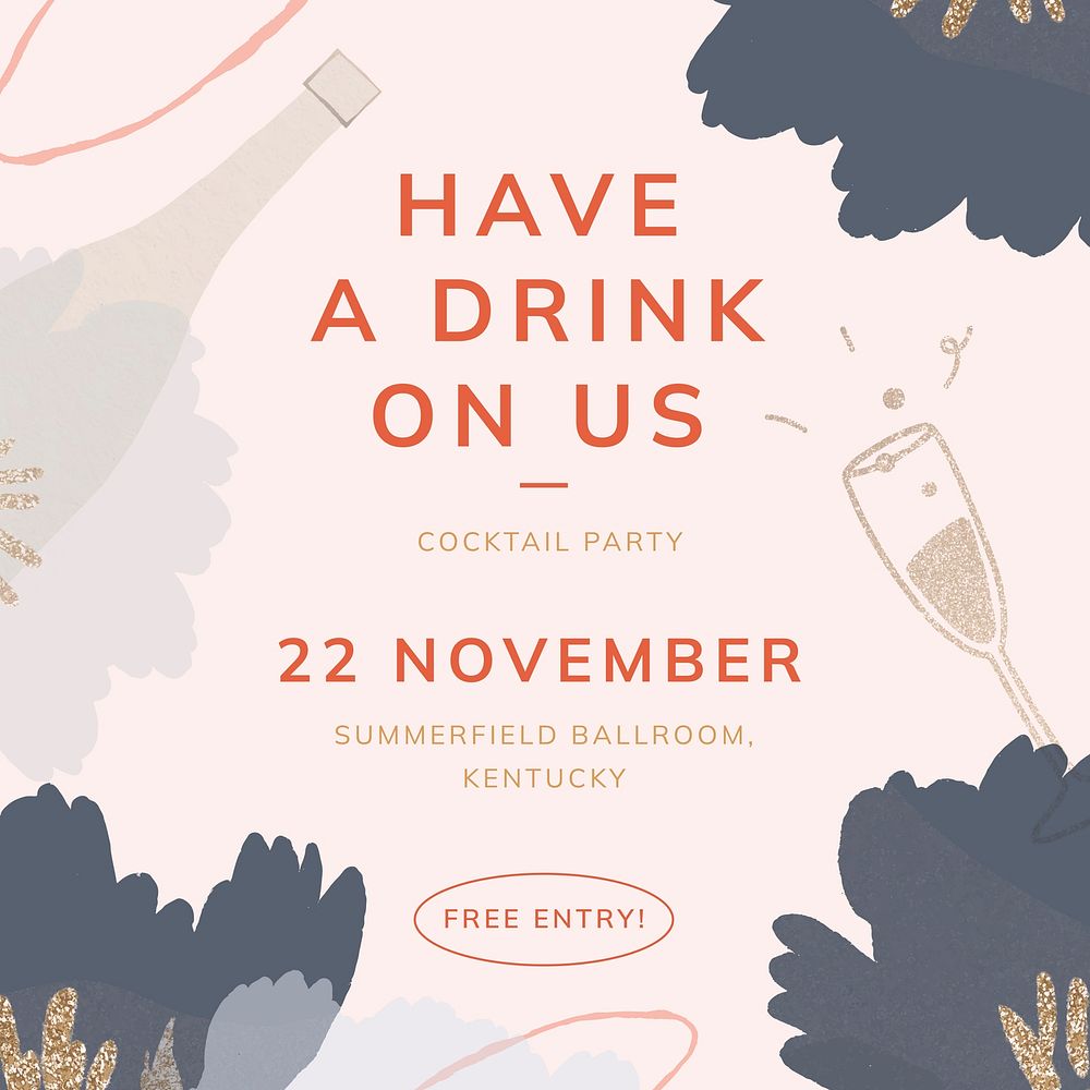 Cocktail party Instagram post template, editable text vector