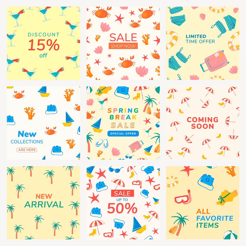 Summer sale Instagram posts set, tropical pattern design in vector