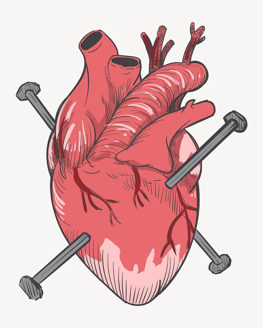 Nailed heart, abstract heartbreak illustration psd