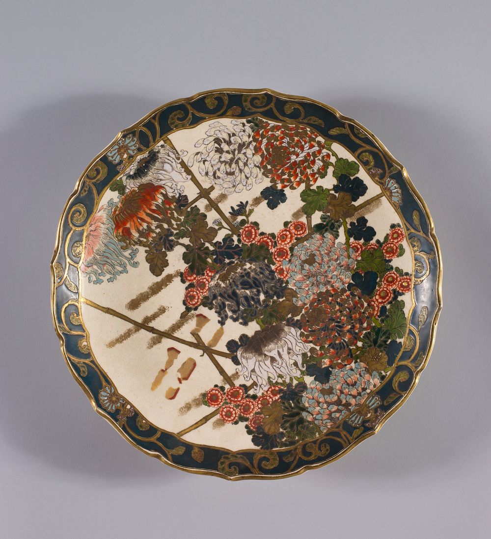 Plate with Foliated Rim and Design of Rough Fence with Chrysanthemums (late 19th century) earthenware in high resolution by…