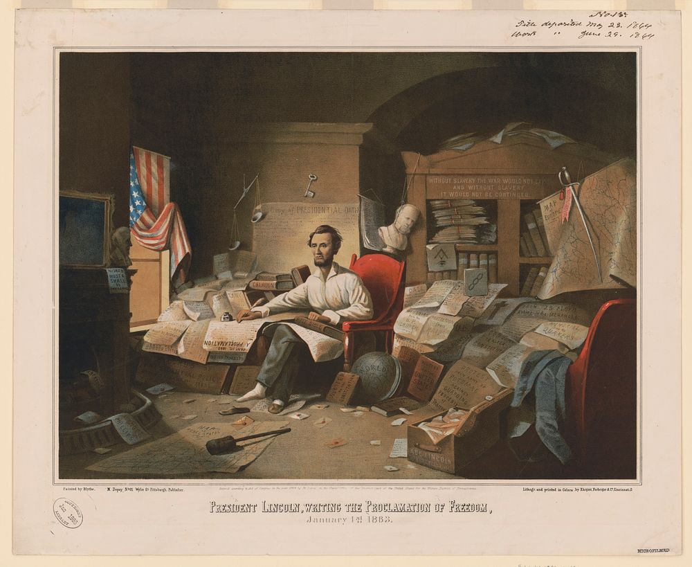 President Lincoln, writing the Proclamation of Freedom. (1863). Original from the Library of Congress.