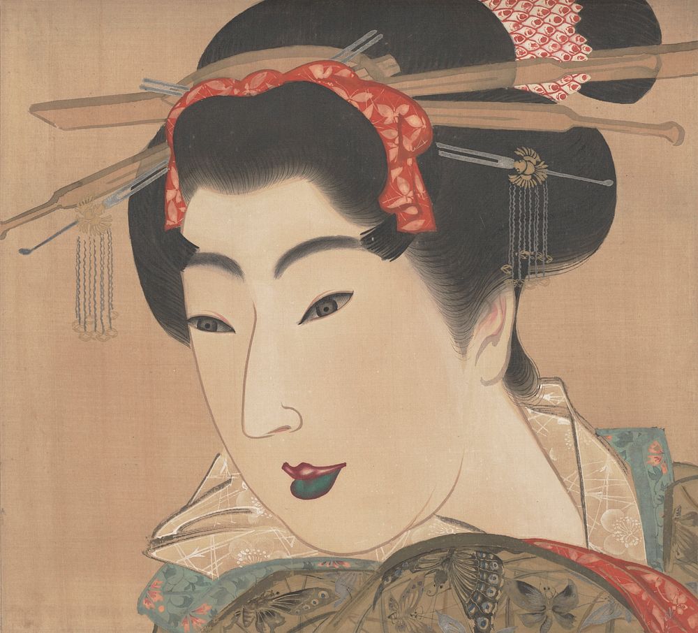 Geisha (right of a triptych of Three Beauties) (1830s) painting in high resolution by Mihata Joryu.  Original from the…
