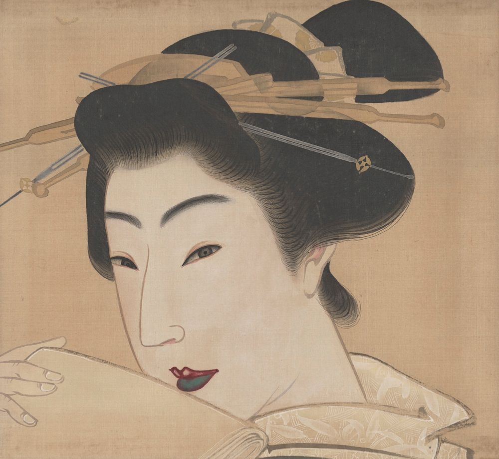 Prostitute (center of a triptych of Three Beauties) (1830s) painting in high resolution by Mihata Joryu.  Original from the…