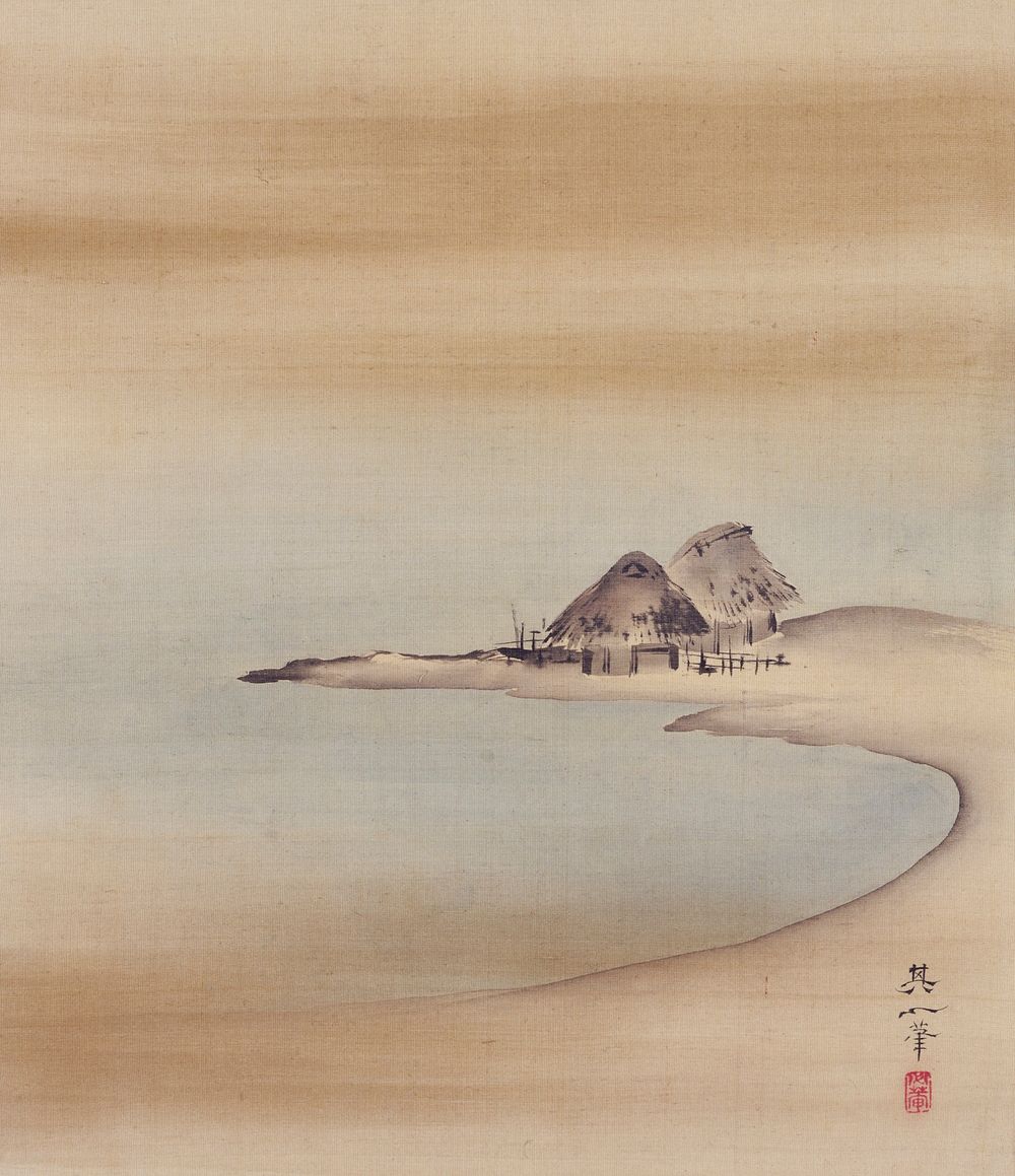 Huts (right from the triptych Three Evening Scenes) during first half 19th century painting in high resolution by Suzuki…