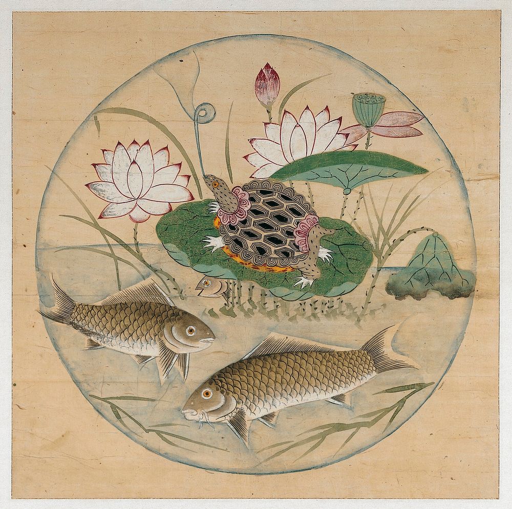 Lotus and Fish in Rondel during 19th century painting in high resolution. Original from the Minneapolis Institute of Art.