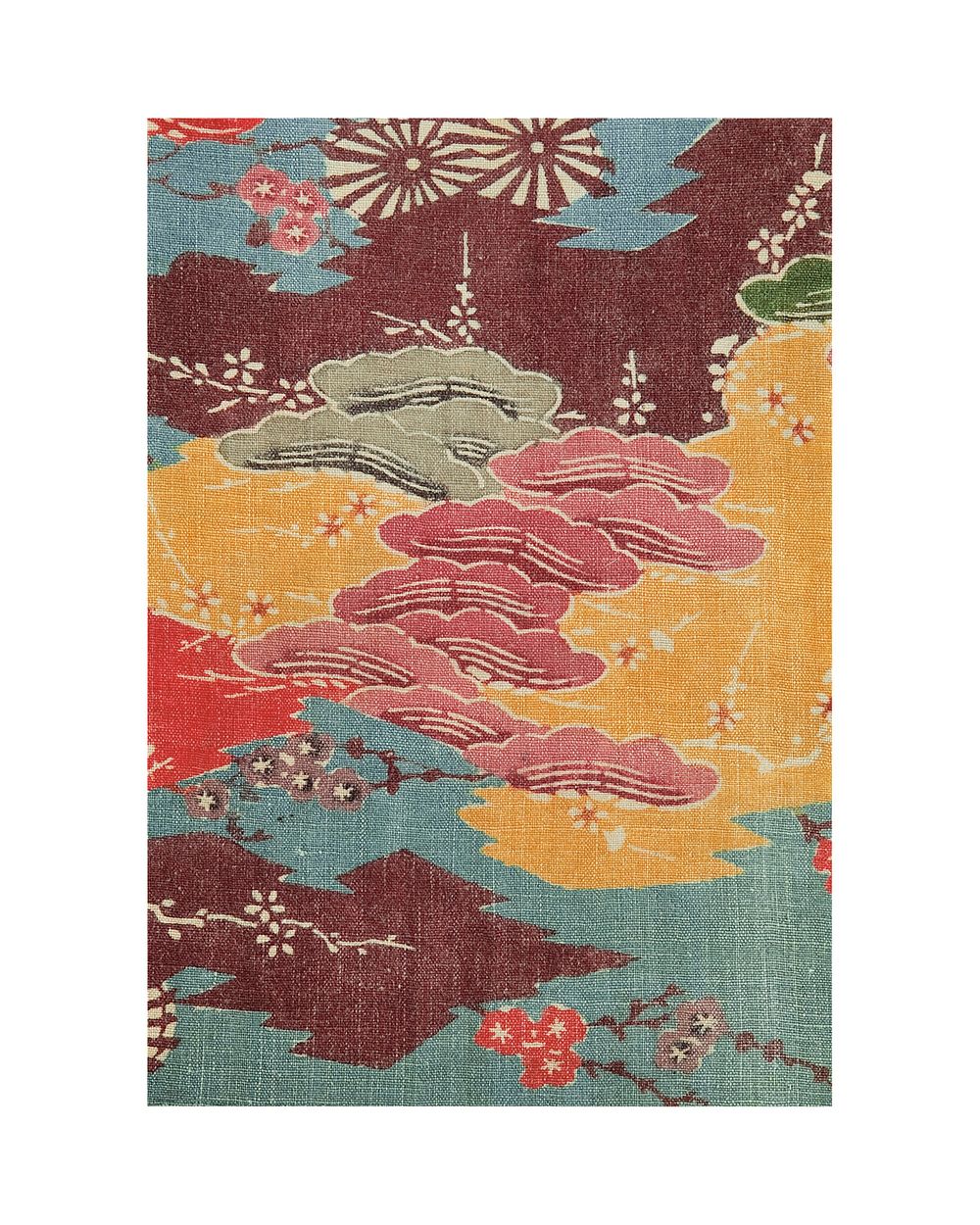 Fragment decorated with pine, plum, and chrysanthemum over stylized pine bark during 19th century textile in high…