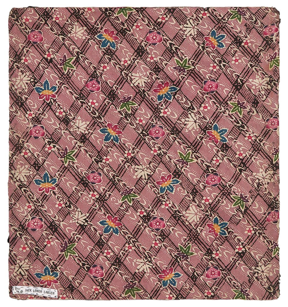 Fragment decorated with lattice pattern, plum blossoms, and maple leaves during 19th century textile in high resolution. …