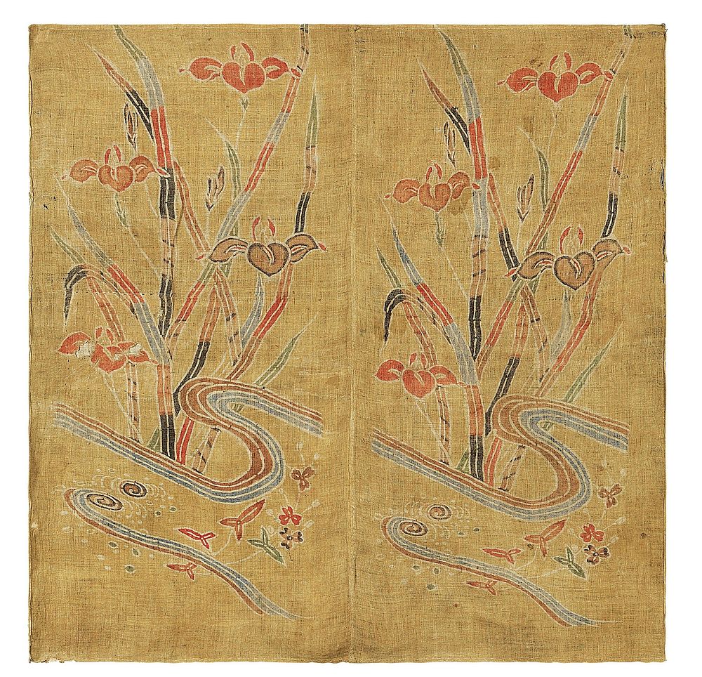 Yellow-ground wrapping cloth (uchikui) with pattern of irises in a flowing stream during late 19th century textile in high…