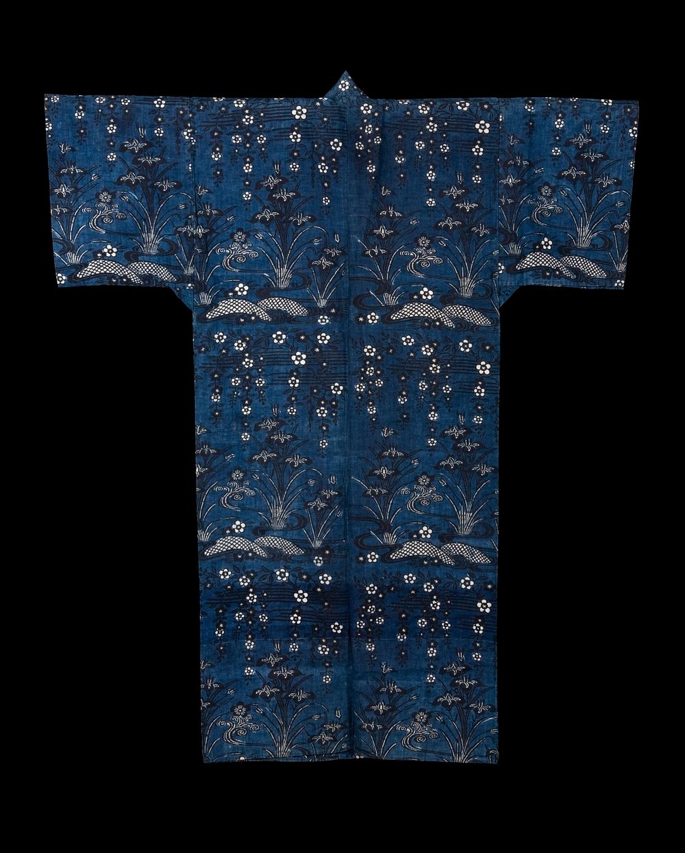 Dark blue-ground Ryūkyūan robe (ryūso) with pattern of irises in a flowing stream during 19th century clothing in high…