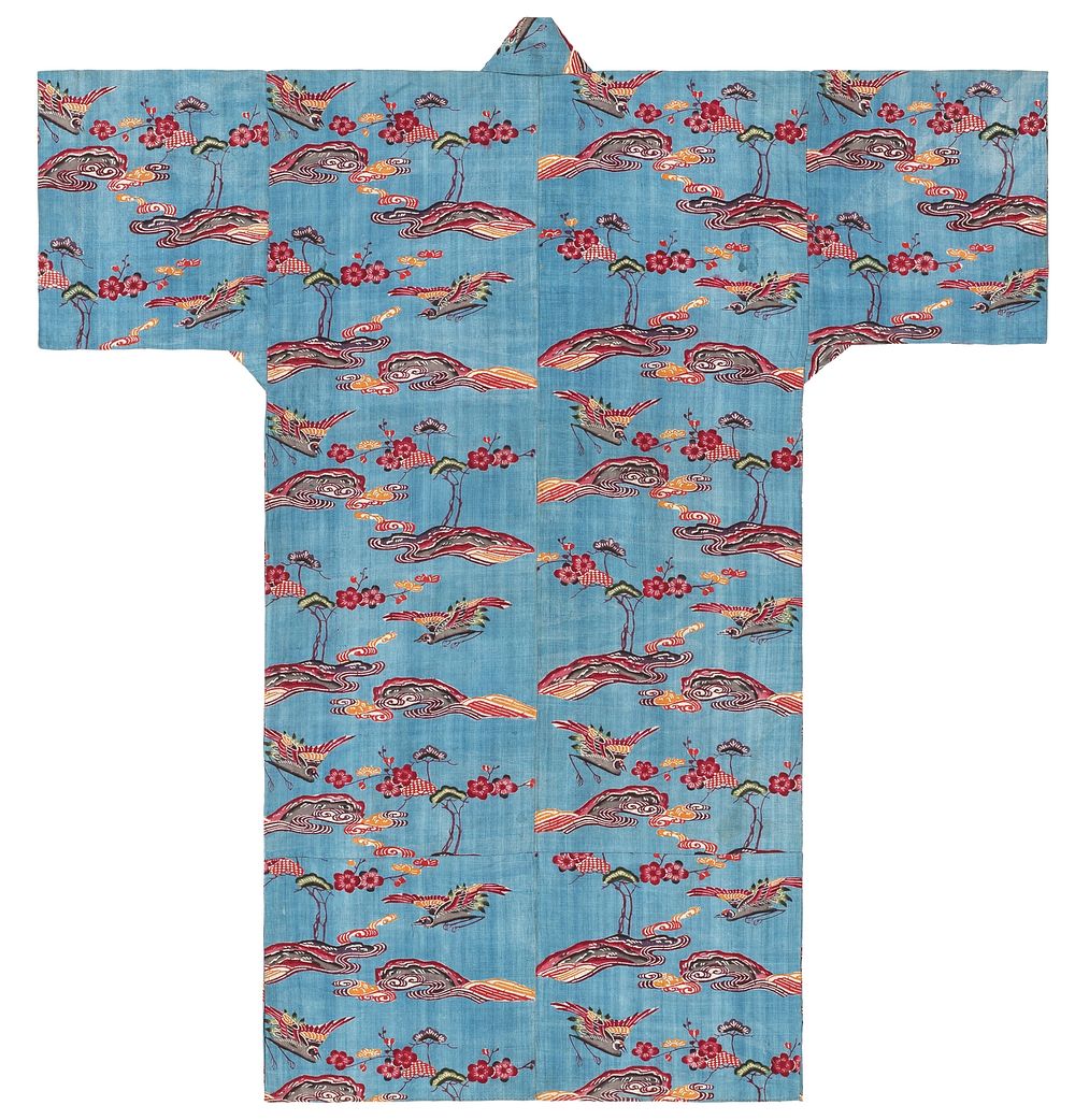 Light blue-ground Ryūkyūan robe (ryūso) decorated with cranes, pine trees, and cherry blossoms during 19th century clothing…