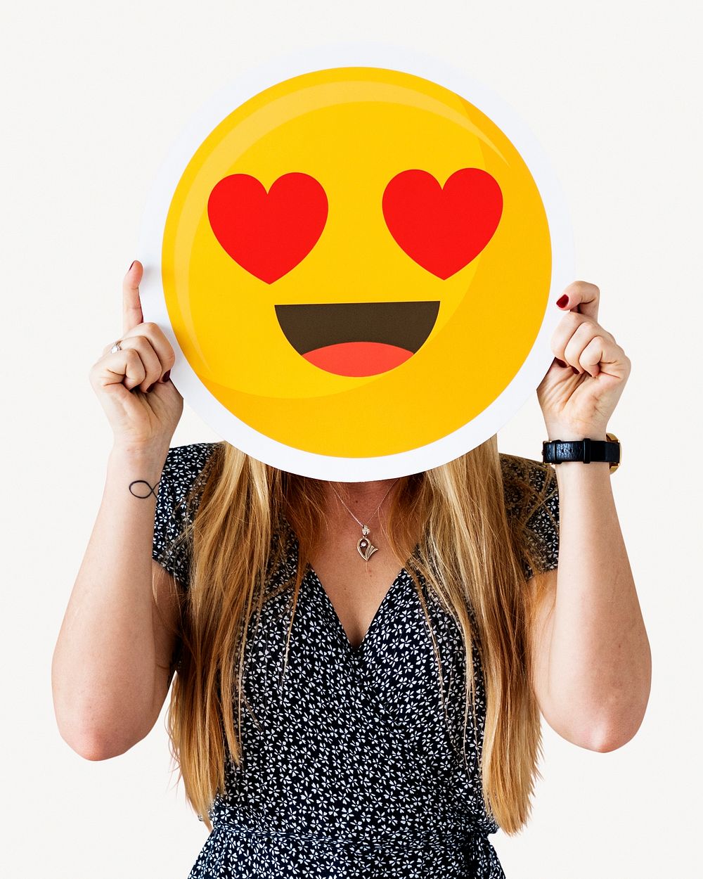 Woman holding cheerful emoticon, people image psd