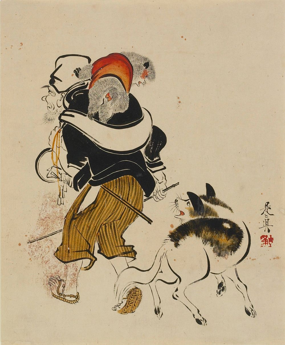 Dog barking at a monkey trainer (mid to late 19th century) painting in high resolution by Shibata Zeshin.  Original from the…