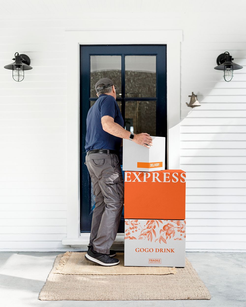 Parcel box mockup, package delivery man at the doorstep psd