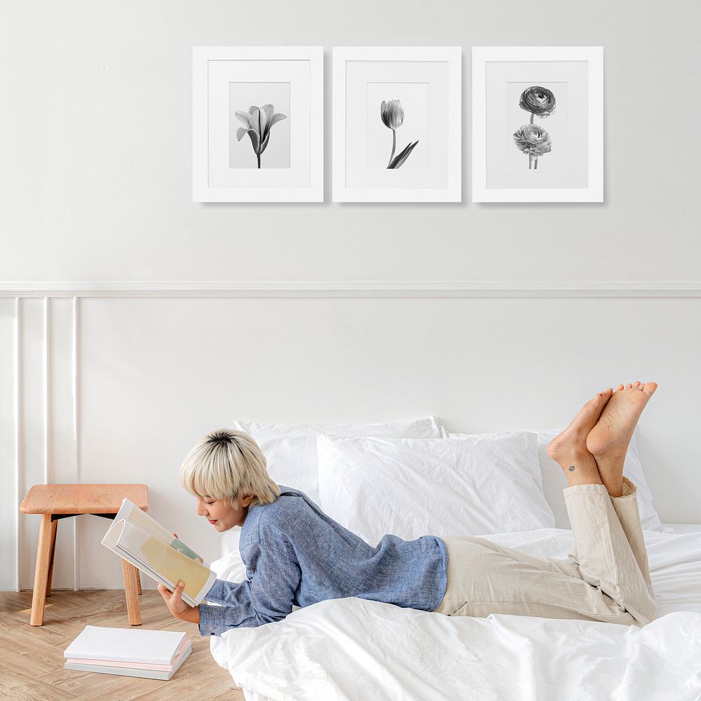 Photo frame mockup, woman reading in bedroom psd