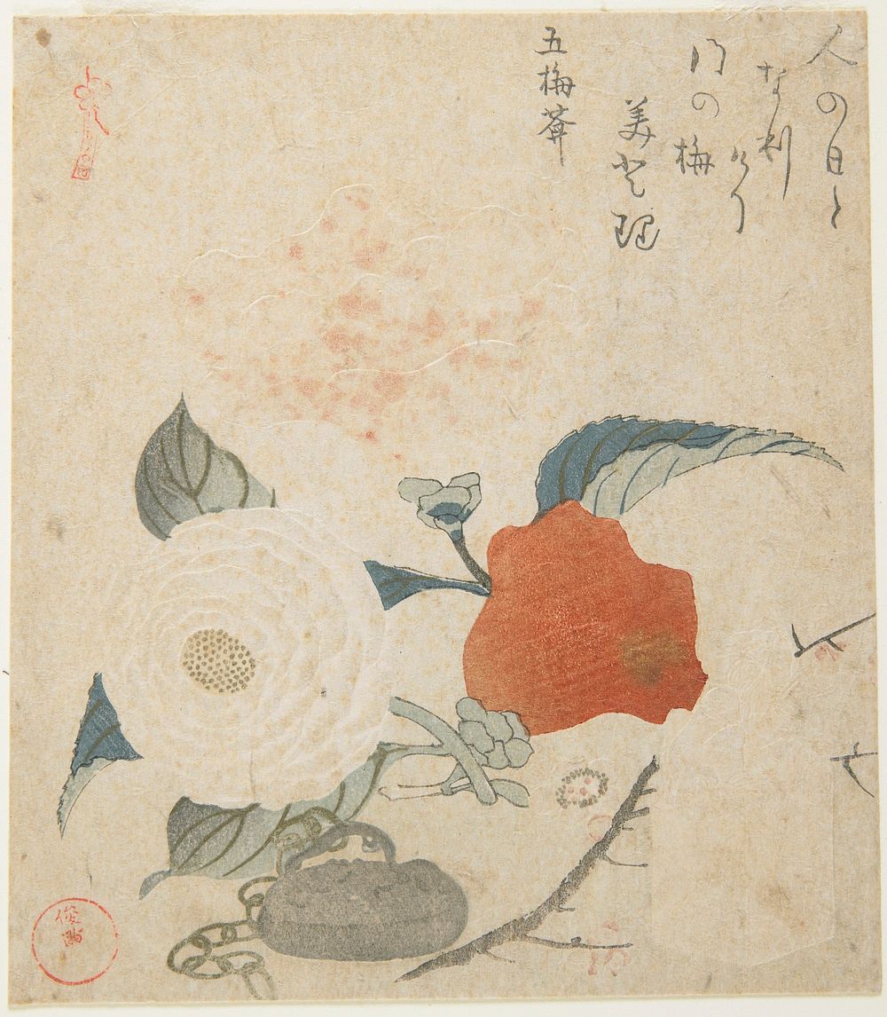 Plum Branch, a Peony Flower and a Metal Seal (1816) print in high resolution by Kubota Shunman.  Original from The…