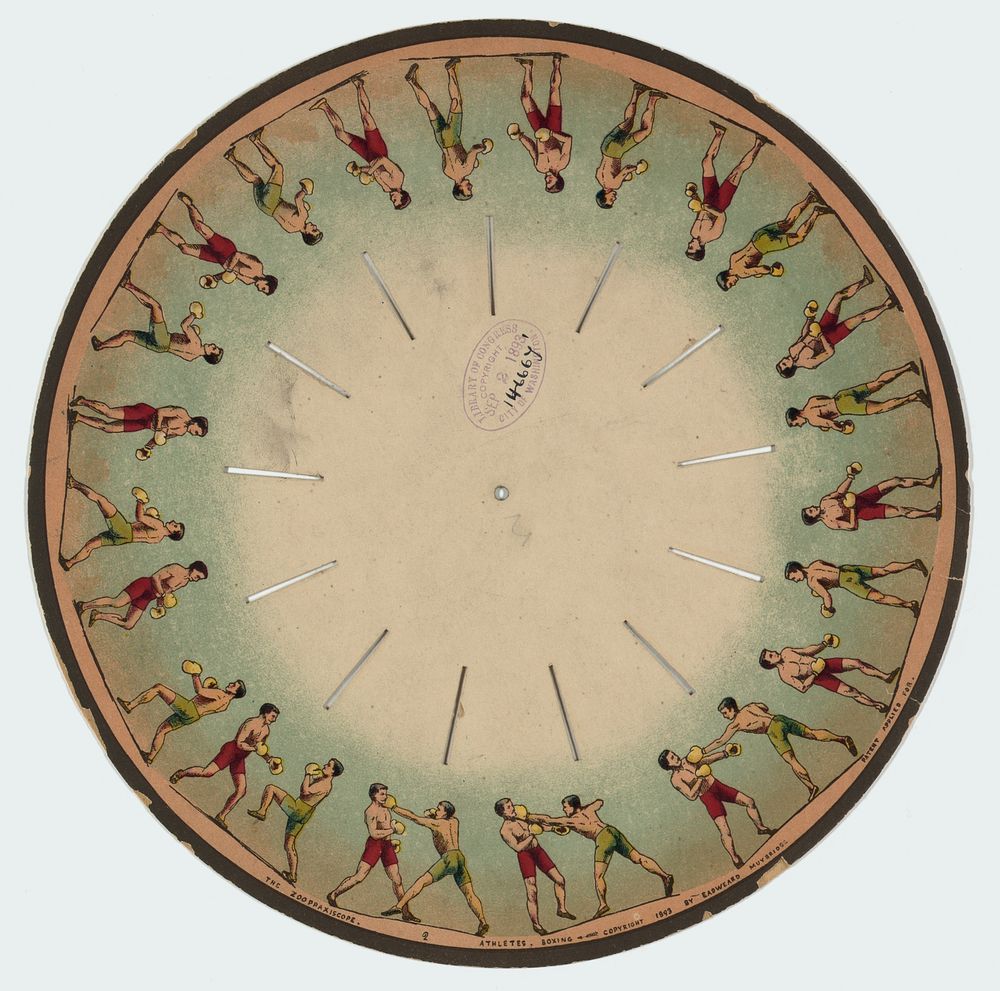 The zoopraxiscope, Athletes, Boxing (ca.1893) print in high resolution by Eadweard Muybridge.  