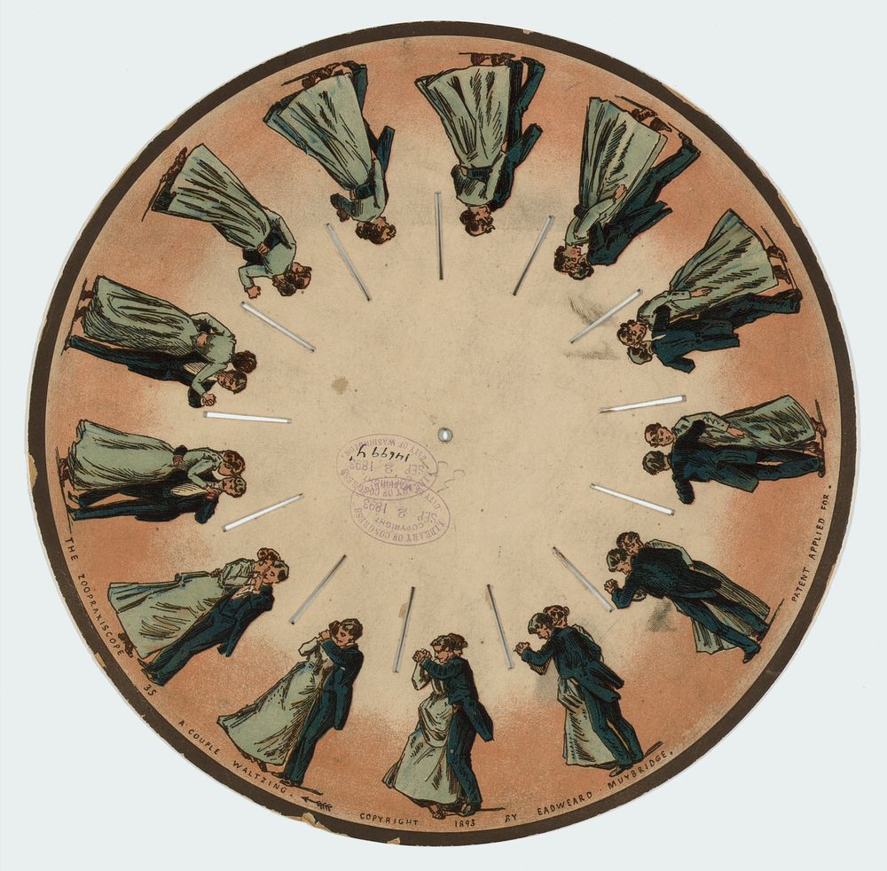 The zoopraxiscope–a couple waltzing (ca.1893) print in high resolution by Eadweard Muybridge.  