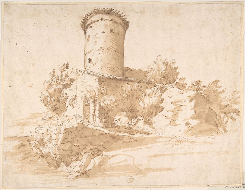 Landscape with Cylindrical Tower, Anonymous, Italian, Roman-Bolognese, 17th century