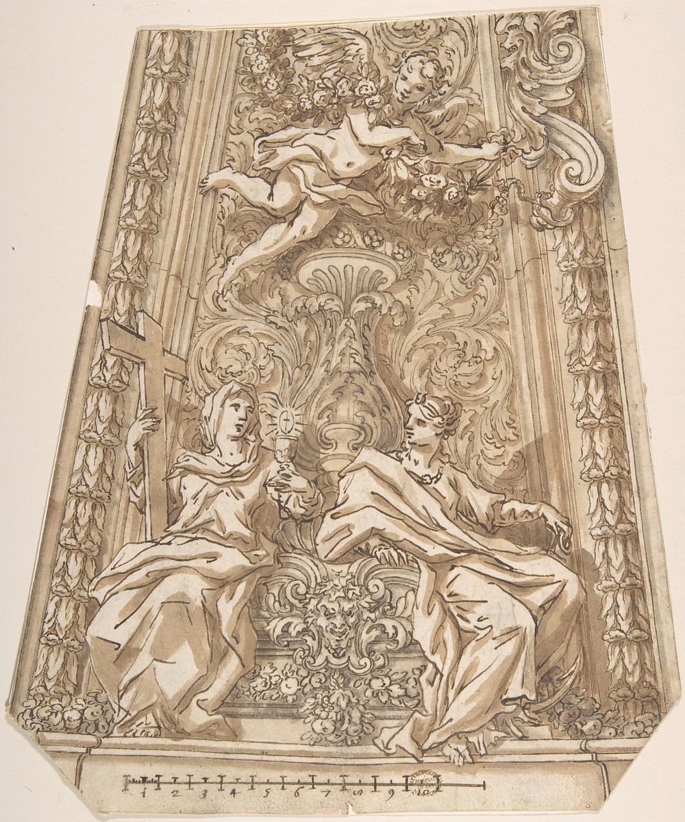 Design for a Dome Compartment with Figures of Faith and Hope, Anonymous, Italian, Roman-Bolognese, 17th century