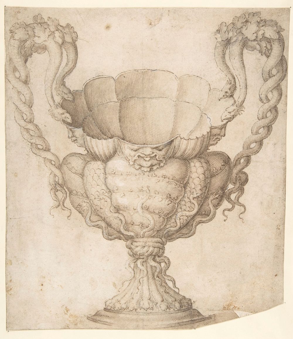 Design for a Decorated Drinking Cup with Floriated Heads around Large Mouth, Intertwined Serpents as Handles by Giulio Romano