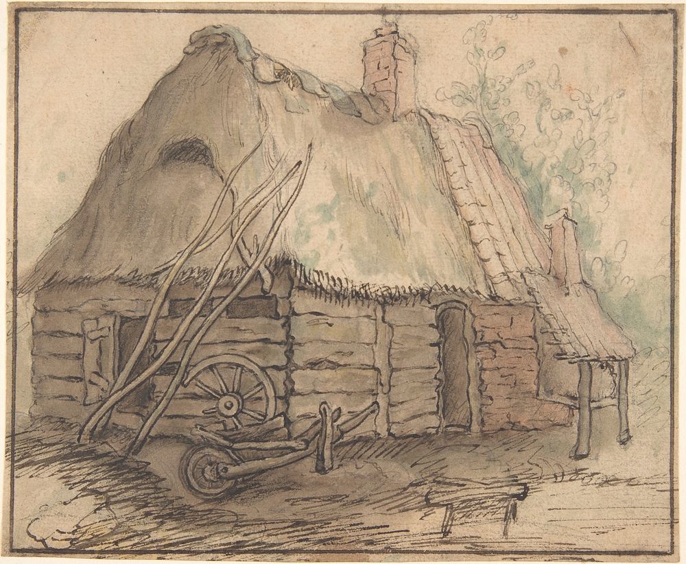 A Farm Building; verso: Head of a Woman and Slight Sketch of Woman Holding a Child by Abraham Bloemaert